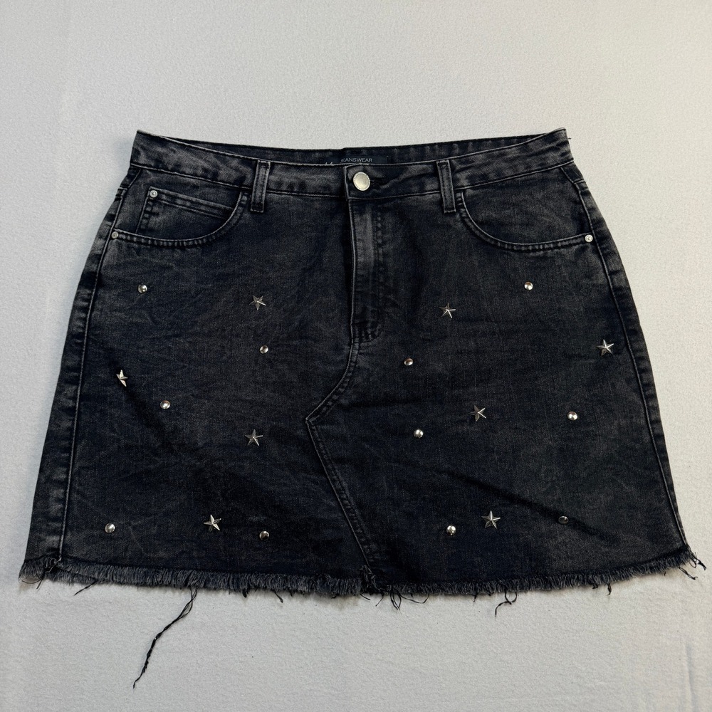 Jeanswear Black Denim Mini Skirt Silver Star Studded Frayed Hem Size 44 Brazil